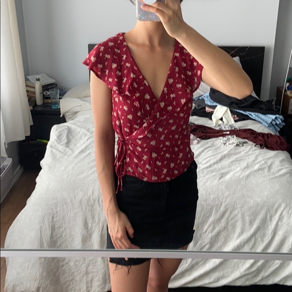 Cute red floral print wrap blouse